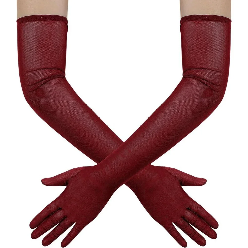 Women's Tulle Burgundy Long Stretchy Gloves Halloween Party Wedding Costume